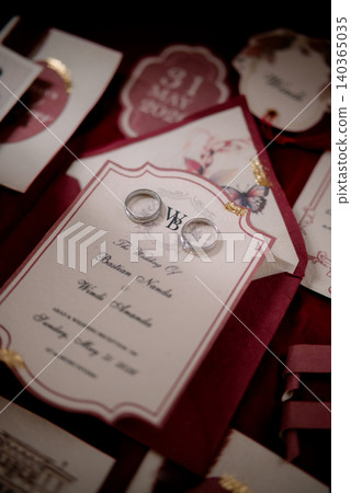Elegant wedding invitations and business cards with a Burgundy theme. Elegant wedding invitations and business cards with a Burgundy theme. 140365035