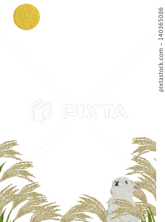 [Vertical frame with pampas grass, moon, and rabbit] Hand-embroidered illustration material 140365086