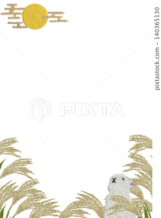 [Vertical frame with pampas grass, moon, and rabbit] Hand-embroidered illustration material 140365130