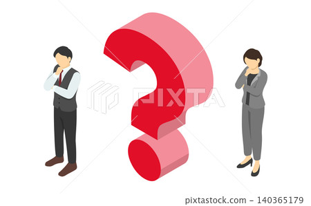 Isometric illustration: A man in a vest and a woman in a pantsuit thinking. Isometric illustration: A man in a vest and a woman in a pantsuit thinking. 140365179