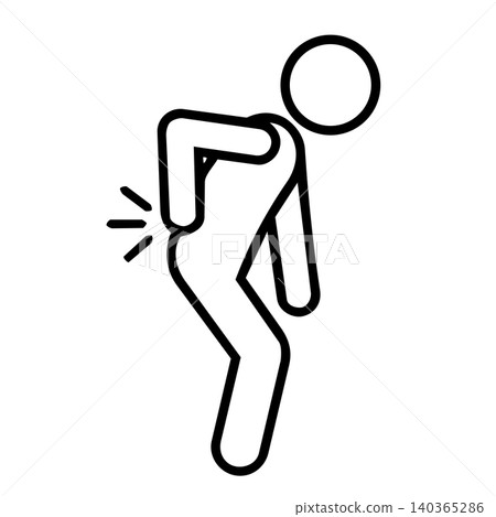 Backache man stick figure icon, minimalist line art of person with lower back pain symbols for muscle strain, injury symptoms, and ergonomics concept. Backache man stick figure icon, minimalist line art of person with lower back pain symbols for muscle strain, injury symptoms, and ergonomics concept. 140365286