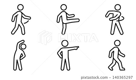 Man physical activity stick figure icon set vector. Fitness exercise steps, warm up stretching, body training and basic human postures concept illustration Man physical activity stick figure icon set vector. Fitness exercise steps, warm up stretching, body training and basic human postures concept illustration 140365297