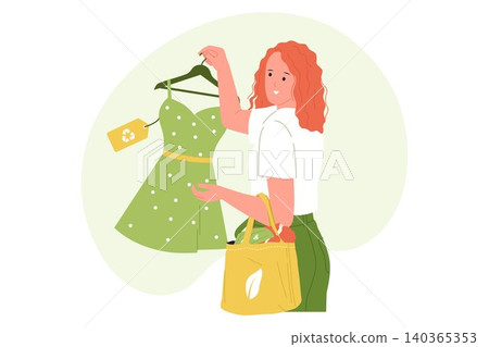 Illustration of Woman Choosing Eco Friendly Dress with Recycle Tag Illustration of Woman Choosing Eco Friendly Dress with Recycle Tag 140365353