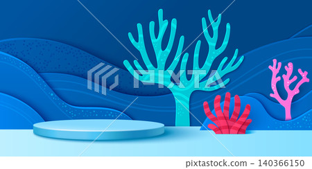 Underwater coral reef podium, papercut ocean waves Underwater coral reef podium, papercut ocean waves 140366150