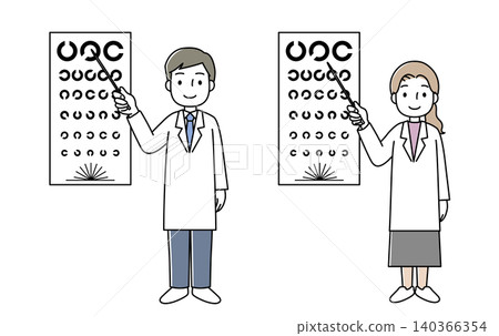 Illustration of a man and woman in white coats performing an eye exam. Illustration of a man and woman in white coats performing an eye exam. 140366354