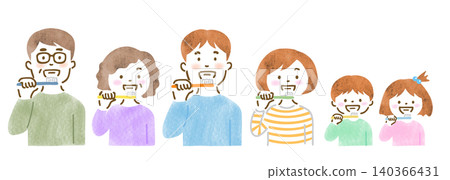 An illustration of a three-generation family (men and women of all ages) brushing their teeth. An illustration of a three-generation family (men and women of all ages) brushing their teeth. 140366431