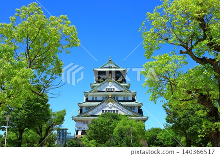新鮮的綠色大阪城堡城堡塔 新鮮的綠色大阪城堡城堡塔 140366517