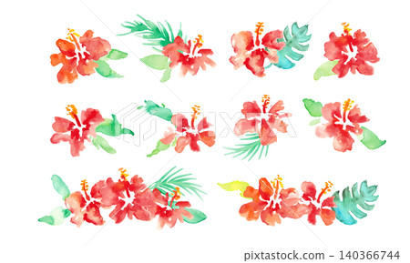 Watercolor Hibiscus Tropical Frame & Background Material Set: Summer Botanical Design Collection Watercolor Hibiscus Tropical Frame & Background Material Set: Summer Botanical Design Collection 140366744