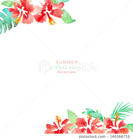 水彩芙蓉熱帶邊框及背景素材組：夏季植物設計系列 140366758