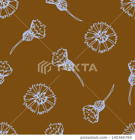 Simple floral vector seamless pattern. Light contour of flowers, cornflowers on an orange-brown background, ocher color, sienna. For prints of fabric, textile products, wallpaper, clothing, bedding. 140366769