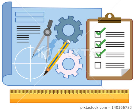 Technical Engineering Blueprint with Drafting Tools and Project Management Checklist Technical Engineering Blueprint with Drafting Tools and Project Management Checklist 140366783