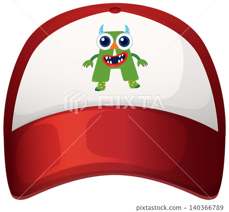 Red Baseball Cap with Cartoon Monster Illustration Red Baseball Cap with Cartoon Monster Illustration 140366789