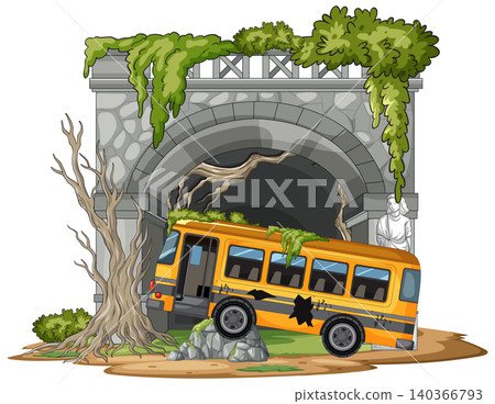 Abandoned School Bus Crashed at Overgrown Stone Tunnel Abandoned School Bus Crashed at Overgrown Stone Tunnel 140366793