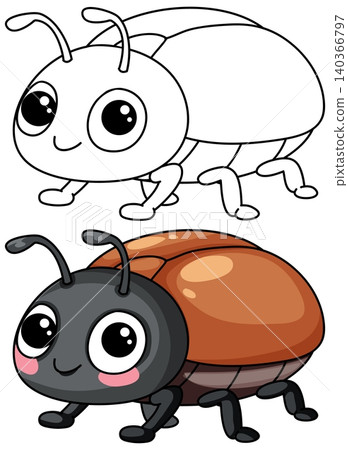 Cute Cartoon Beetle Illustration with Line Art and Colored Version Cute Cartoon Beetle Illustration with Line Art and Colored Version 140366797