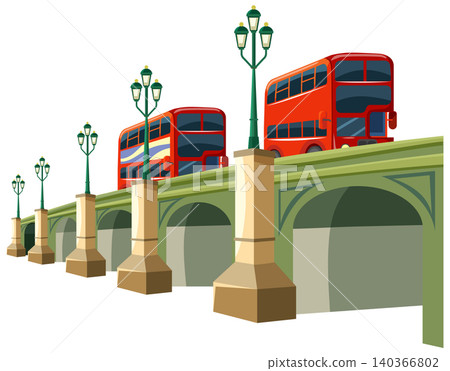 Red Double Decker Buses Driving Across a Green Arched City Bridge 140366802