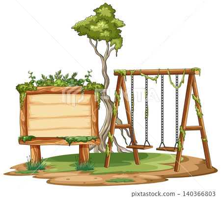 Abandoned Playground Swing Set with Overgrown Wooden Sign Abandoned Playground Swing Set with Overgrown Wooden Sign 140366803