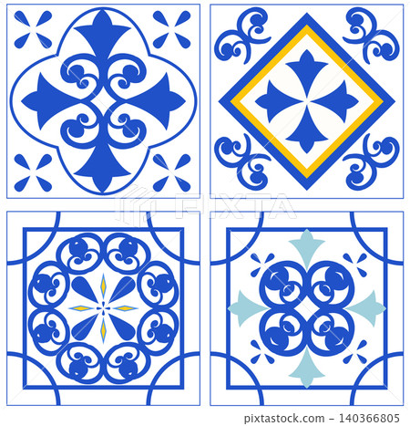 Mediterranean Blue and White Ceramic Tile Vector Pattern Set Mediterranean Blue and White Ceramic Tile Vector Pattern Set 140366805