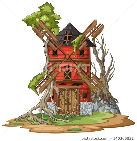 Abandoned Red Windmill House Overgrown With Twisted Trees Abandoned Red Windmill House Overgrown With Twisted Trees 140366821