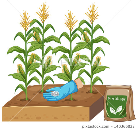 Vector Illustration of Hand Fertilizing Corn Plants in Soil Patch 140366822