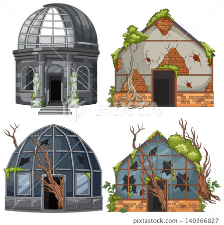 Abandoned Overgrown Buildings Vector Set with Broken Windows Abandoned Overgrown Buildings Vector Set with Broken Windows 140366827