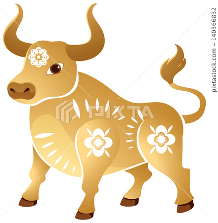 Golden Chinese Zodiac Ox Vector Illustration with Floral Patterns Golden Chinese Zodiac Ox Vector Illustration with Floral Patterns 140366832