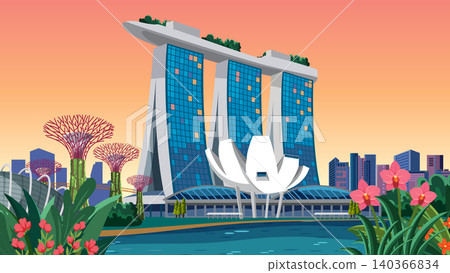 Vector Illustration of Singapore Skyline with Modern Architecture and Tropical Gardens Vector Illustration of Singapore Skyline with Modern Architecture and Tropical Gardens 140366834