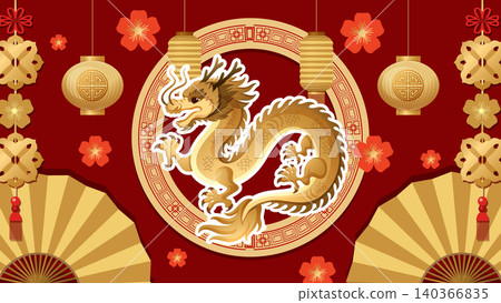 Golden Chinese Zodiac Dragon Vector Illustration with Traditional Red Background Golden Chinese Zodiac Dragon Vector Illustration with Traditional Red Background 140366835