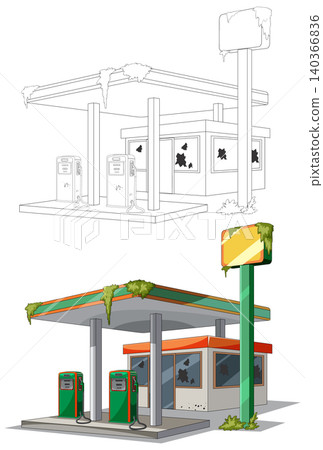 Abandoned Gas Station with Overgrown Moss Vector Illustration Abandoned Gas Station with Overgrown Moss Vector Illustration 140366836