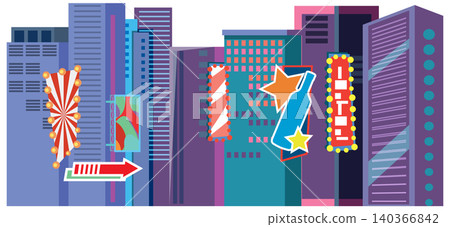 Flat Vector Illustration of a Vibrant City Skyline with Neon Signs Flat Vector Illustration of a Vibrant City Skyline with Neon Signs 140366842