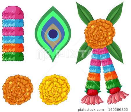 Traditional Indian Floral Garlands and Decorative Elements Vector Illustration Set 140366863