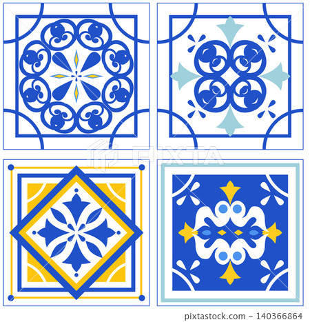 Set of Four Blue and Yellow Mediterranean Style Ceramic Tile Patterns Set of Four Blue and Yellow Mediterranean Style Ceramic Tile Patterns 140366864