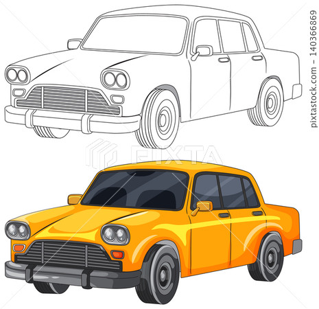 Vintage Yellow Sedan Car Color and Line Art Illustration Vintage Yellow Sedan Car Color and Line Art Illustration 140366869