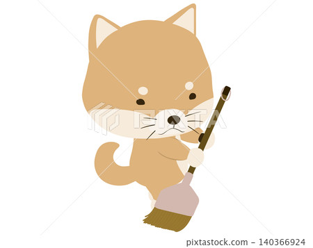 A Shiba Inu sweeping with a broom 140366924