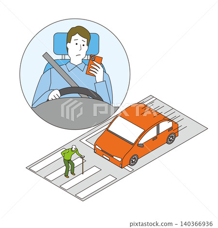一名男子一邊開車一邊看手機。 一名男子一邊開車一邊看手機。 140366936