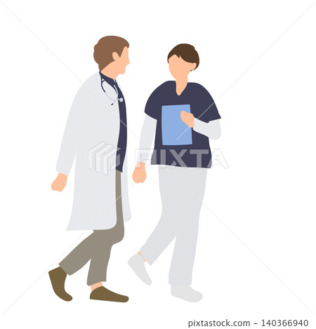 一幅醫生和護士邊走邊談的插圖。 140366940