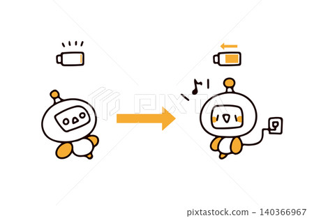 A set of illustrations showing an AI robot with a dead battery and an AI robot charging. A set of illustrations showing an AI robot with a dead battery and an AI robot charging. 140366967