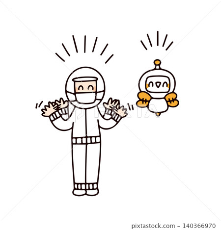 An illustration of an AI robot waving with a smile and a factory worker. An illustration of an AI robot waving with a smile and a factory worker. 140366970
