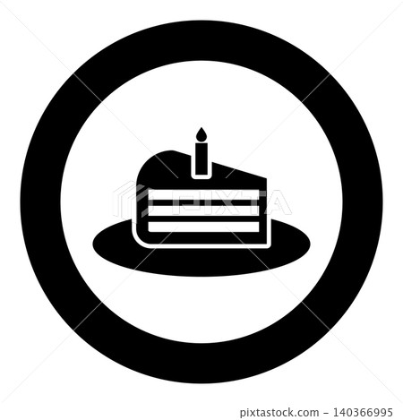 Piece of cake slice with candle icon in circle round black color vector illustration image solid outline style Piece of cake slice with candle icon in circle round black color vector illustration image solid outline style 140366995