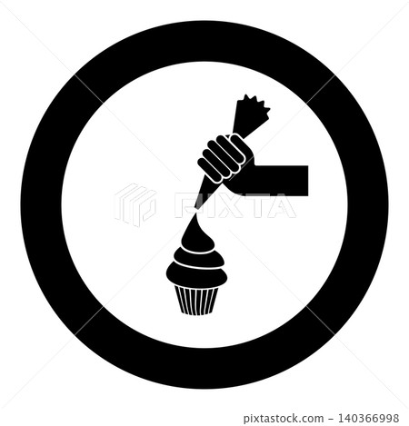 Piping cream onto pastry from pastry bag in hand icon in circle round black color vector illustration image solid outline style Piping cream onto pastry from pastry bag in hand icon in circle round black color vector illustration image solid outline style 140366998