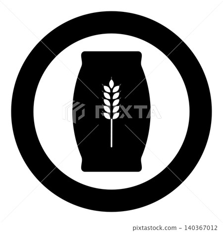 Sack with flour full canvas bag sugar salt grain wheat ear with grain package concept icon in circle round black color vector illustration image solid outline style Sack with flour full canvas bag sugar salt grain wheat ear with grain package concept icon in circle round black color vector illustration image solid outline style 140367012