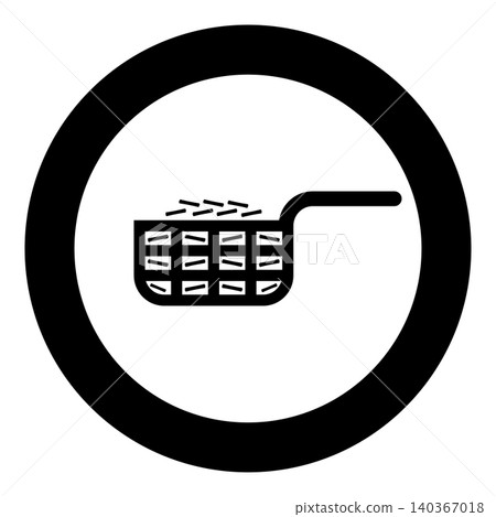 Mesh basket with potato for deep fryer with handle and french frie kitchen appliance for fast food concept roast product in hot oil Air fryer icon in circle round black color vector illustration 140367018