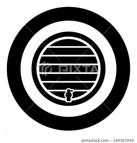 Barrel for wine brendy beer wine cask with tap icon in circle round black color vector illustration image solid outline style Barrel for wine brendy beer wine cask with tap icon in circle round black color vector illustration image solid outline style 140367044