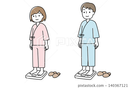 An illustration of a man and woman wearing examination gowns and standing on a scale. An illustration of a man and woman wearing examination gowns and standing on a scale. 140367121