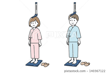 An illustration of a man and woman wearing examination gowns and standing on a height measuring device. An illustration of a man and woman wearing examination gowns and standing on a height measuring device. 140367122