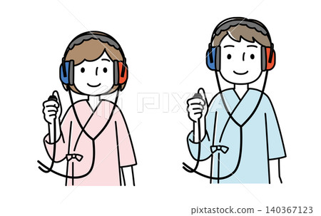 An illustration of a man and woman wearing medical gowns undergoing a hearing test. An illustration of a man and woman wearing medical gowns undergoing a hearing test. 140367123