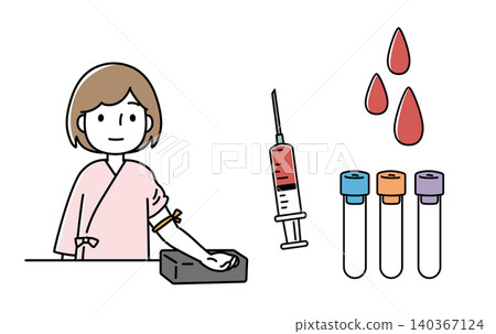 An illustration of a woman wearing a medical gown having her blood drawn. An illustration of a woman wearing a medical gown having her blood drawn. 140367124