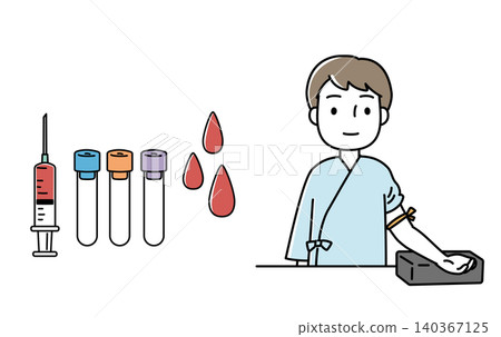 An illustration of a man wearing a medical gown having blood drawn. An illustration of a man wearing a medical gown having blood drawn. 140367125