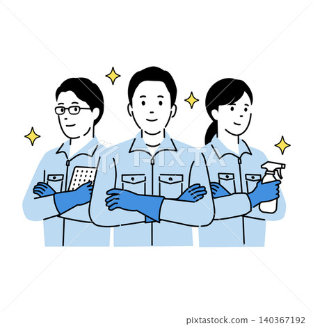 A vector illustration of a team of three people wearing work clothes and gloves. A vector illustration of a team of three people wearing work clothes and gloves. 140367192