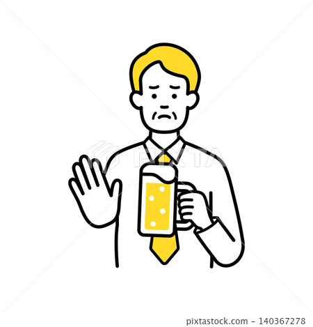 A middle-aged office worker holding a beer to warn others. 140367278
