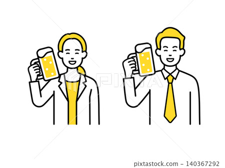 A male and female office worker toast with beer. A male and female office worker toast with beer. 140367292